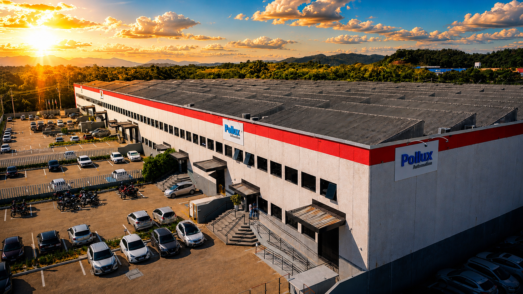 Unidade industrial da Pollux Automation vista de cima ao entardecer